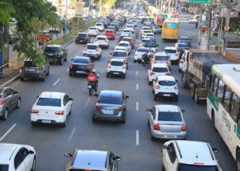 salvador, bahia, brazil - february 8, 2022: Vehicles in traffic jam on Avenida Tacredo Neves in Salvador city.