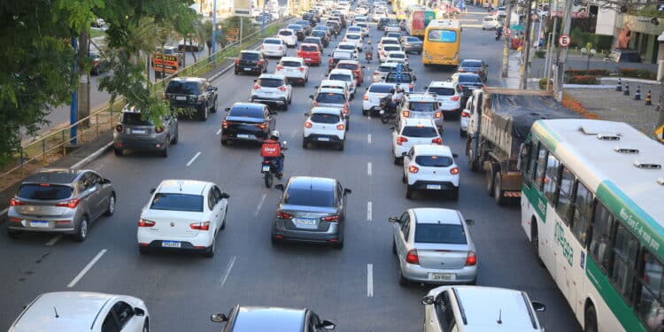 salvador, bahia, brazil - february 8, 2022: Vehicles in traffic jam on Avenida Tacredo Neves in Salvador city.