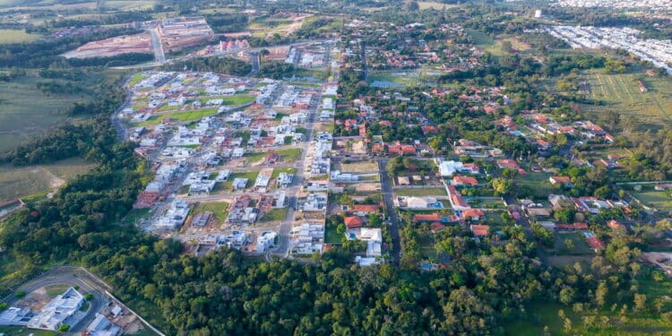 beautiful modern houses in a closed condominium in Indaiatuba, São Paulo, Brazil. Residential houses. Aerial view