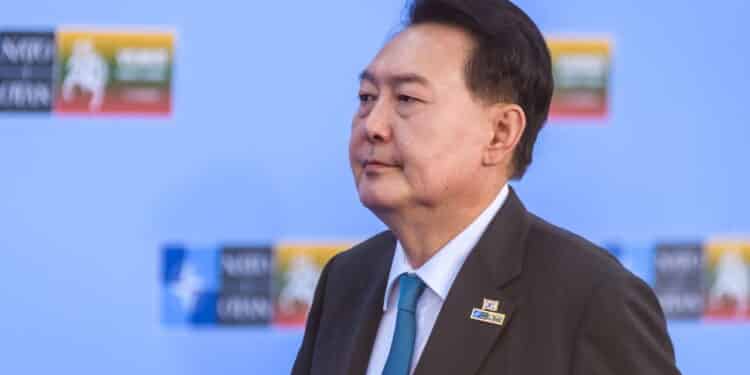 VILNIUS, LITHUANIA. 12th July 2023. Yoon Suk Yeol, President of South Korea, during NATO SUMMIT 2023 doorstep.