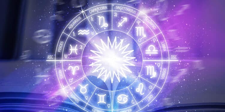 Zodiac circle on the background of space and an open book. . Astrological forecast for the signs of the zodiac. Astrological school. Zodiac signs