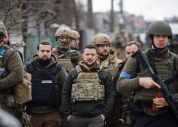 Bucha, Ukraine. APR 04, 2022 President of Ukraine Volodymyr Zelenskyy visit Bucha town after liberation it from Russian occupiers during Russian Ukrainian war