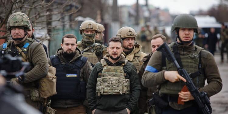 Bucha, Ukraine. APR 04, 2022 President of Ukraine Volodymyr Zelenskyy visit Bucha town after liberation it from Russian occupiers during Russian Ukrainian war