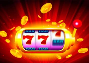 Slot Machine with Icons and Coins on Colorful Background. Online Casino Banner