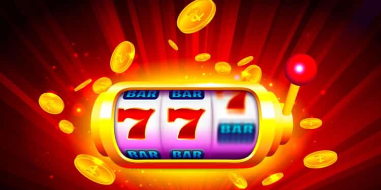 Slot Machine with Icons and Coins on Colorful Background. Online Casino Banner