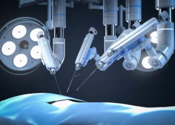 3d rendering robotic assisted surgery with dummy patient in operating room