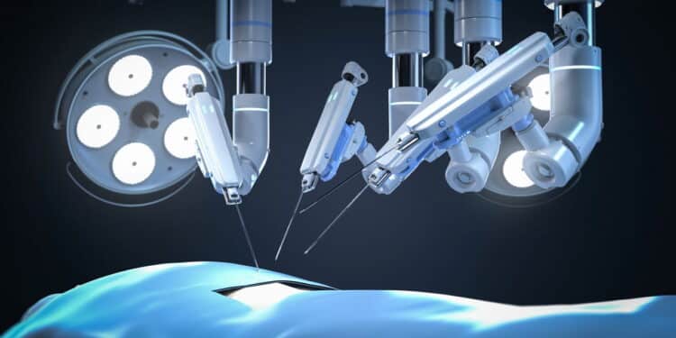 3d rendering robotic assisted surgery with dummy patient in operating room