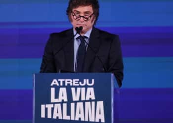 Rome, Italy 14.12.2024:  Argentine president Javier Milei speaks during the political event organized by the governing party Fratelli D'Italia called Atreju 2024 at the Circo Massimo in Rome