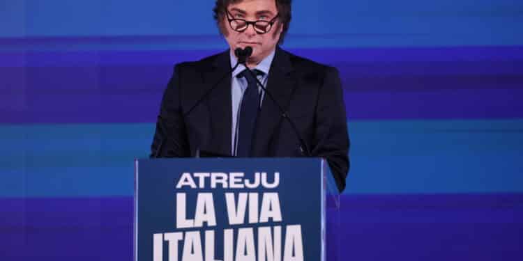 Rome, Italy 14.12.2024:  Argentine president Javier Milei speaks during the political event organized by the governing party Fratelli D'Italia called Atreju 2024 at the Circo Massimo in Rome