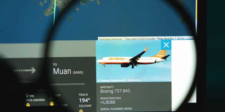 Jeju Air Flight 2216 plane crash at Muan airport displayed on Flightradar24 app. December 29, 2024