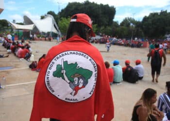 lauro de freitas, bahia, brazil - november 12, 2019: members of the Movimento Sem Terra - MST - are seen at during a demonstration in the city of Lauro de Freitas.