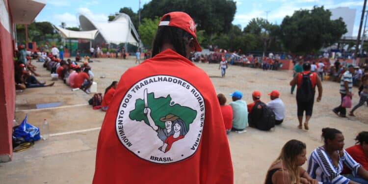 lauro de freitas, bahia, brazil - november 12, 2019: members of the Movimento Sem Terra - MST - are seen at during a demonstration in the city of Lauro de Freitas.