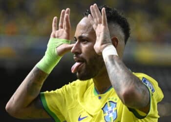 Brazil's Neymar celebrates during the 2026 World Cup qualifier match between Brazil and Bolivia at the Olympic Stadium of Para in Belem, capital of the State of Para, Brazil, on Sept. 8, 2023.