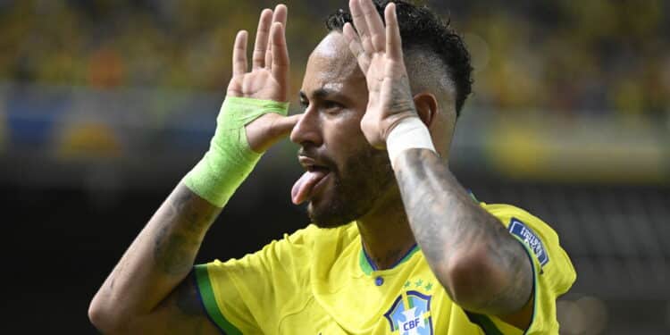 Brazil's Neymar celebrates during the 2026 World Cup qualifier match between Brazil and Bolivia at the Olympic Stadium of Para in Belem, capital of the State of Para, Brazil, on Sept. 8, 2023.