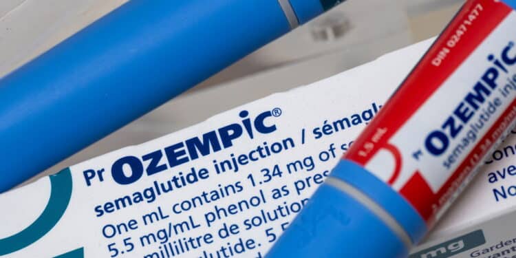 Montreal, CA - 16 November 2023: Ozempic semaglutide injection pens and box. Ozempic is a medication for obesity