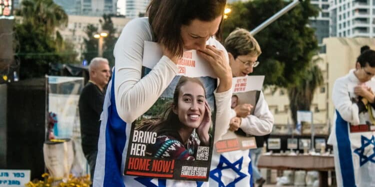 Tel Aviv, Israel, February 24, 2024 Artistic performance at Hostages Square in front of the Tel Aviv Museum of Art, a place where people gather in memory of those kidnapped and held prisoner by Hamas