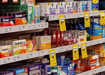 Walkerston, Queensland, Australia - February 2020: Cold and flu medicines and supplies on the shelves of Woolworths supermarket