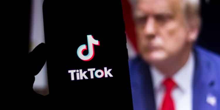 August 1, 2020, Brazil. In this photo illustration the TikTok logo seen displayed on a smartphone. United States President Donald Trump appears in the background. He said he will ban TikTok in the USA