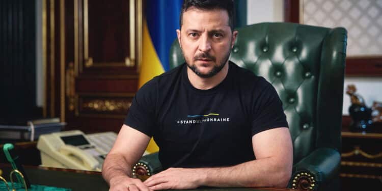 Kiev, Ukraine - September 22 2022: Ukrainian president Volodymyr Zelenskyy sitting at his desk in the Presidential office facing the camera