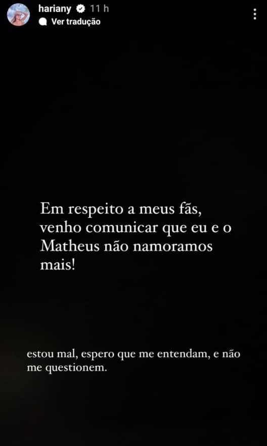 Hariany Almeida quebra o silêncio sobre término e vídeo polêmico de Matheus Vargas