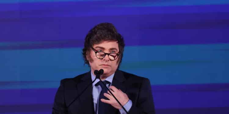 Rome, Italy 14.12.2024:  Argentine president Javier Milei speaks during the political event organized by the governing party Fratelli D'Italia called Atreju 2024 at the Circo Massimo in Rome