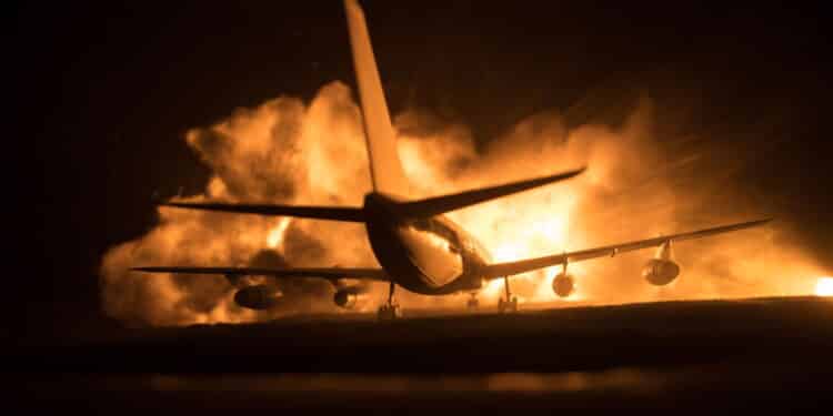 Air Crash. Burning falling plane. The plane crashed to the ground. Decorated with toy at dark fire background. Air accident concept. Selective focus