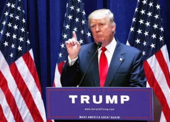 Washington, DC / USA - June 16 2015: Donald Trump's Presidential Announcement Speech, angry serious look with finger gesture.