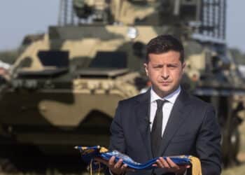 VASYLKIV, UKRAINE - Aug. 23, 2020: President of Ukraine Volodymyr Zelensky took part in the ceremony of raising the State Flag of Ukraine at the military airfield in Vasylkiv, Kyiv region