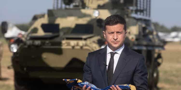 VASYLKIV, UKRAINE - Aug. 23, 2020: President of Ukraine Volodymyr Zelensky took part in the ceremony of raising the State Flag of Ukraine at the military airfield in Vasylkiv, Kyiv region