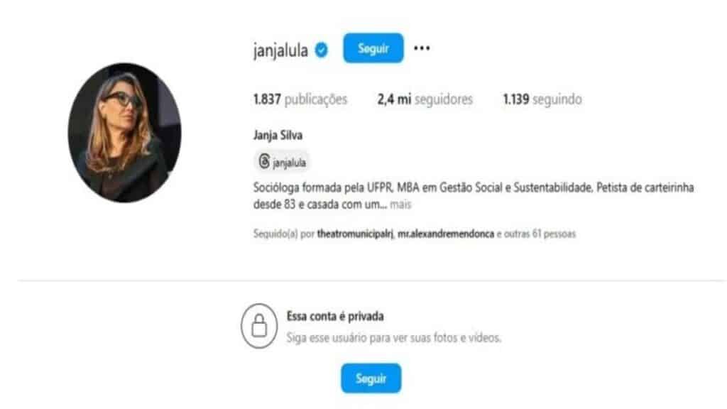 Após críticas, Janja toma decisão e tranca seu perfil no Instagram