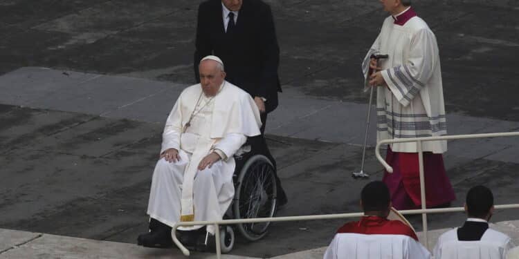 Rome, Italy 05.01.2023: Pope Francis in St. Peter's Basilica in the Vatican celebrates the mass for the funeral of Pope Emeritus Benedict XVI, Joseph Ratzinger, who died on December 31, 2022 at the age of 95. Pope Benedict XVI was pontiff from 2005 to 2013 when he resigned from his role.