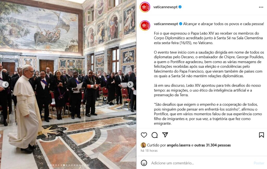Papa Leão XIV encontra diplomatas e destaca importância do diálogo global