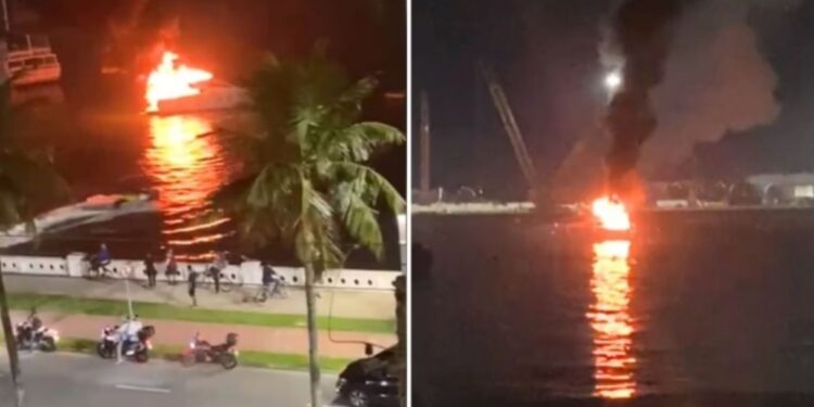 Embarcação incendeia no litoral de Santos com duas pessoas a bordo