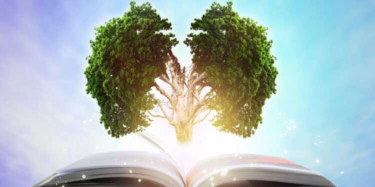 Planta em formato de pulmão emergindo de um livro // Créditos: depositphotos.com / jayzynism