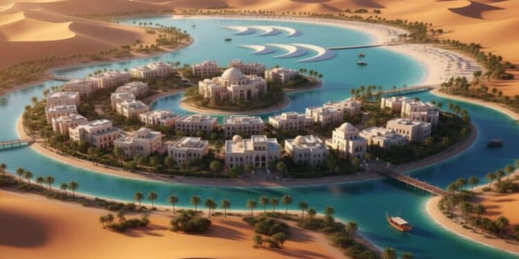 A cidade 'exótica' no deserto árabe com canais que levam ao mar e praias artificiais