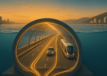 Túnel subaquático futurista com carro e trem iluminados por luz dourada