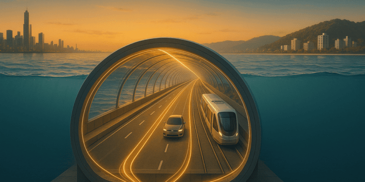 Túnel subaquático futurista com carro e trem iluminados por luz dourada