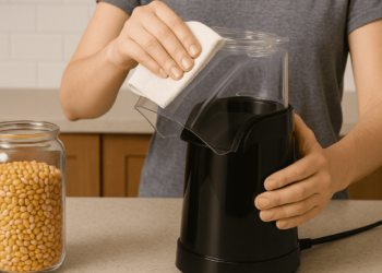 Pessoa limpando a pipoqueira elétrica com pano