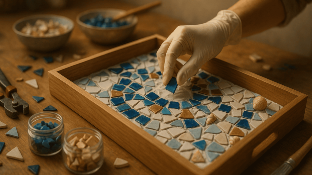 Bandeja decorativa com mosaico fácil de fazer e valoriza qualquer ambiente