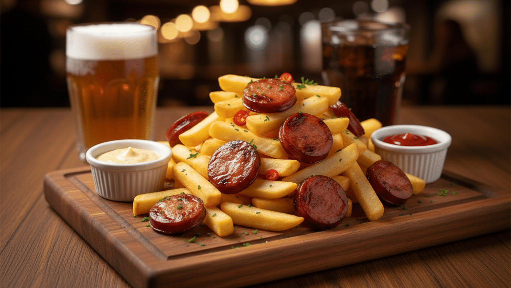 Calabresa dourada com batata frita perfeita para petisco de bar