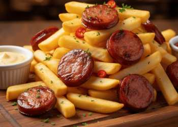 Calabresa dourada com batata frita perfeita para petisco de bar