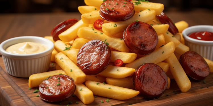 Calabresa dourada com batata frita perfeita para petisco de bar