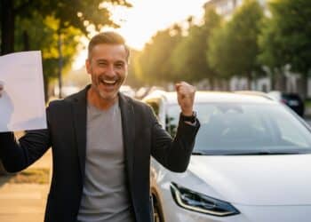 Homem fica feliz com seu novo carro e zero IPVA