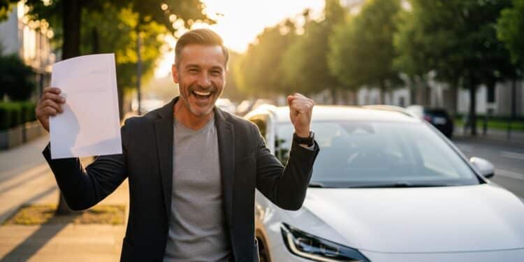 Homem fica feliz com seu novo carro e zero IPVA