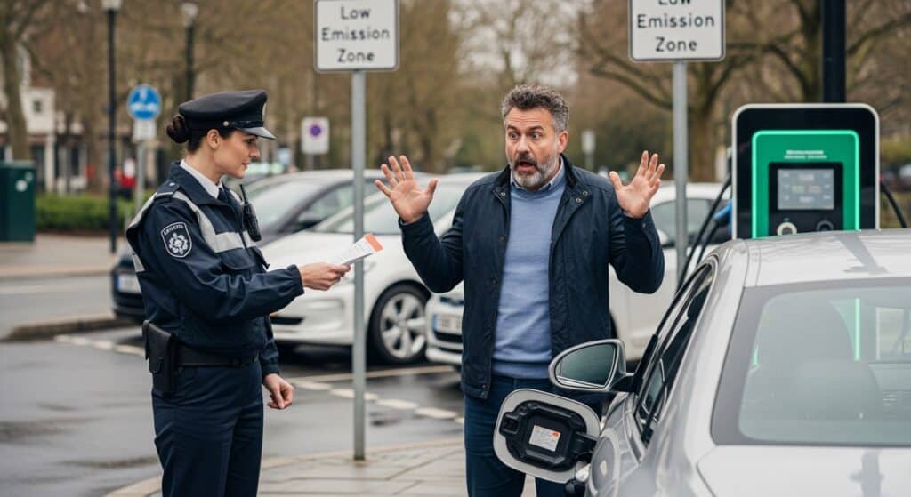 Homem recebendo multa de oficial
