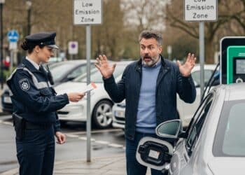 Homem recebendo multa não possuir carro elétrico ou híbrido