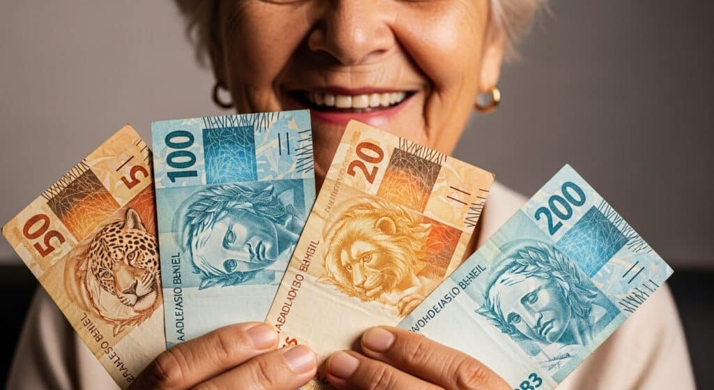 Idosa feliz com notas de dinheiro em reais na mão