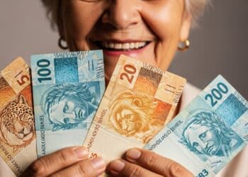 Idosa feliz com notas de dinheiro em reais na mão