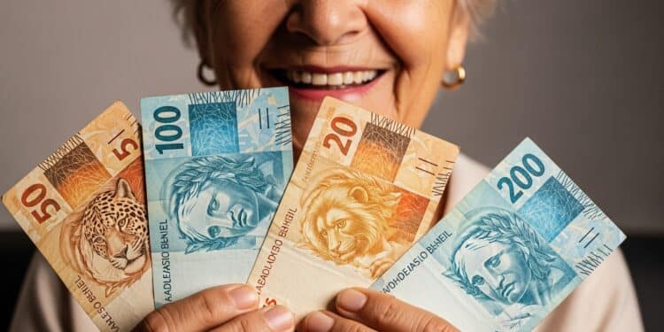 Idosa feliz com notas de dinheiro em reais na mão