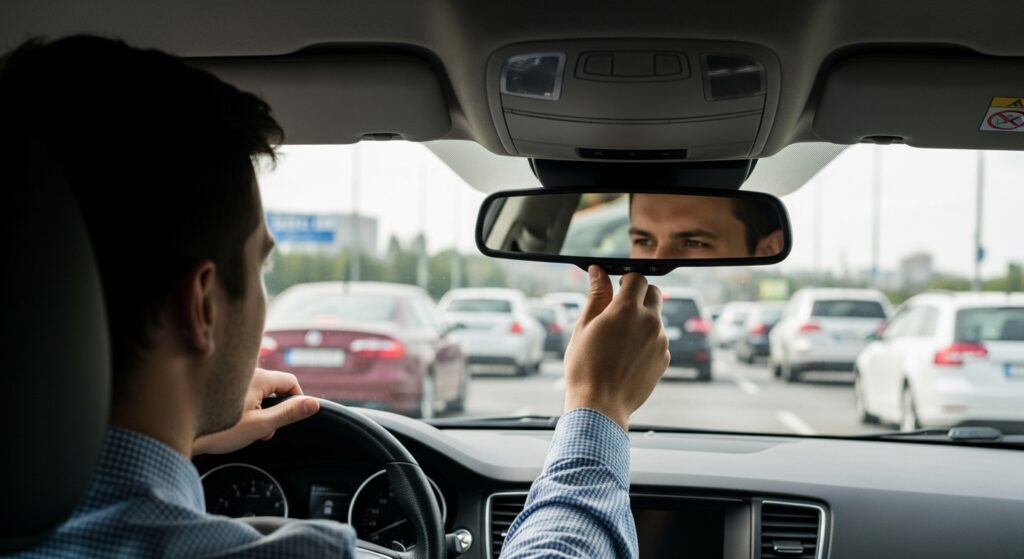 Motorista ajustando o espelho enquanto dirige